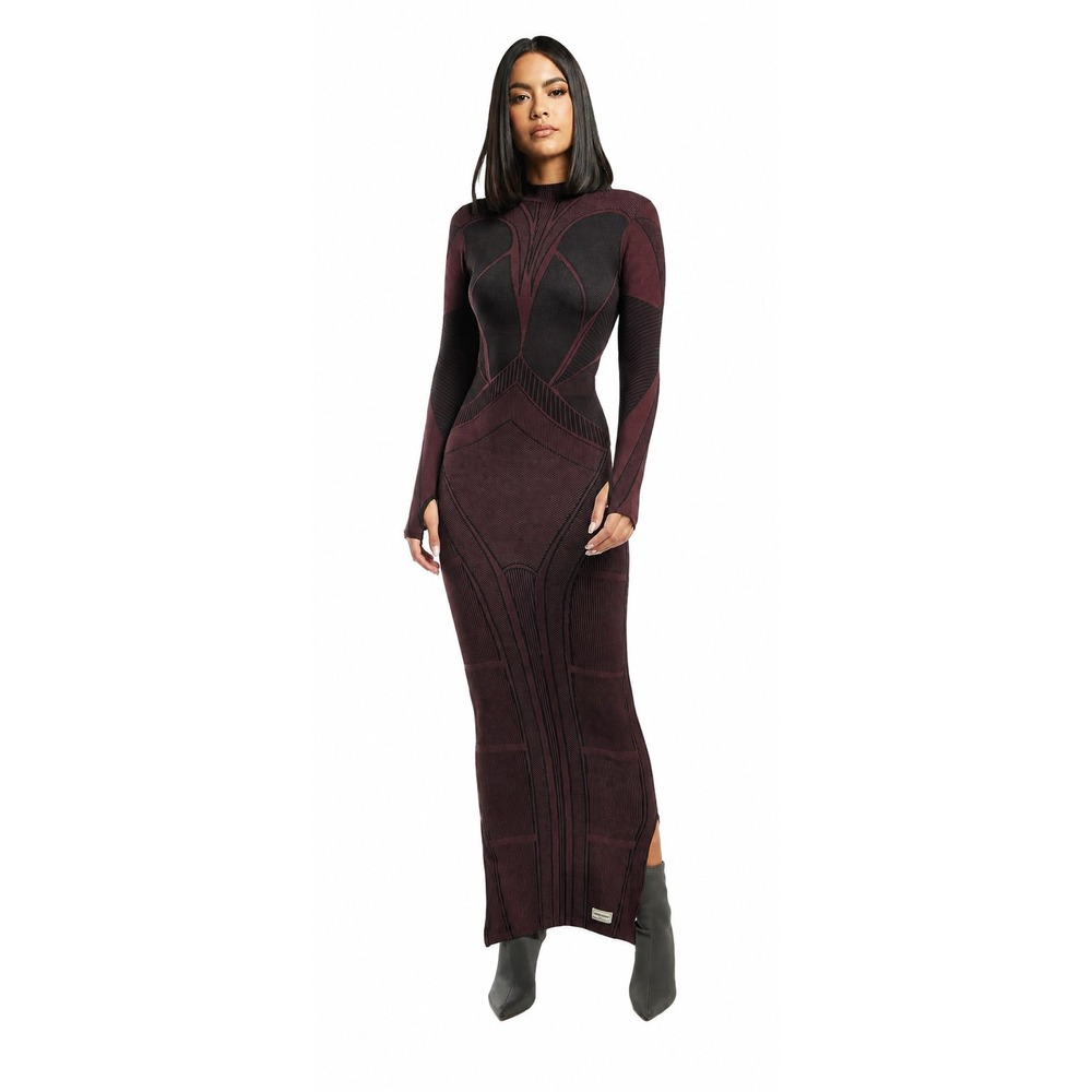 The Giving Movement Engineered Knit Bodycon Maxi Dress Burgundy Black Bodycon M
